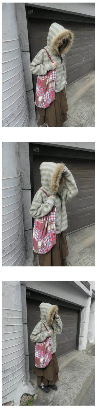 (3 colors) Striped Fur Hoodie