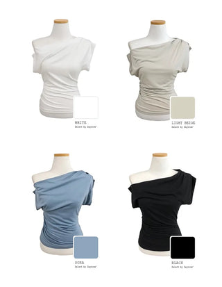 Off-shoulder shirred slit T-shirt (4 colors)