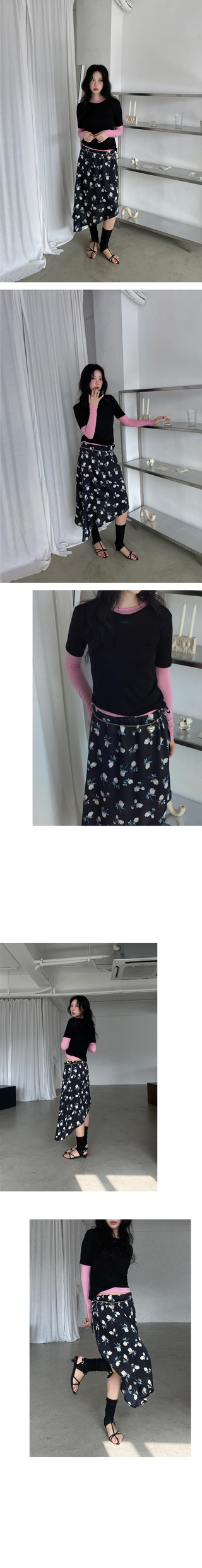 (2 colors) Floral print asymmetrical skirt