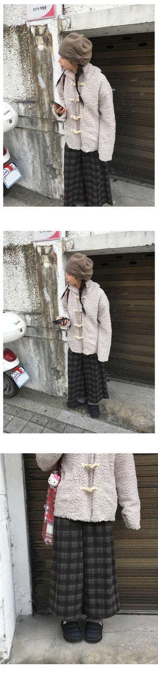 (2 colors) Fleece-lined check pattern mid-length pants
