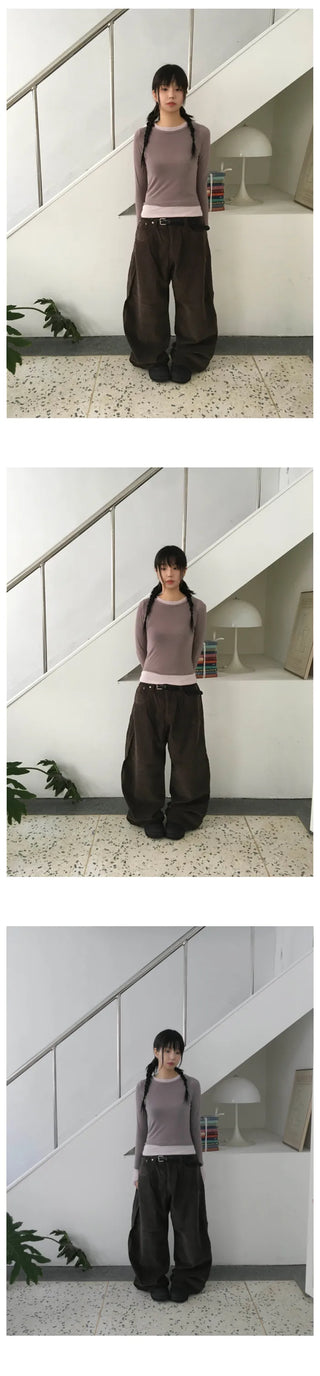 Curved corduroy wide-leg pants