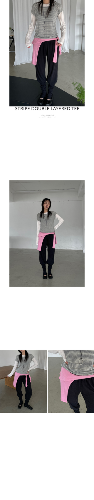 (2 colors) Striped Double Layered T-shirt