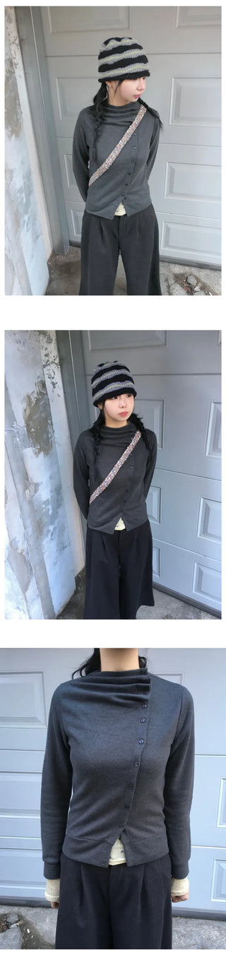 (3 colors) Turtleneck Asymmetrical Cardigan