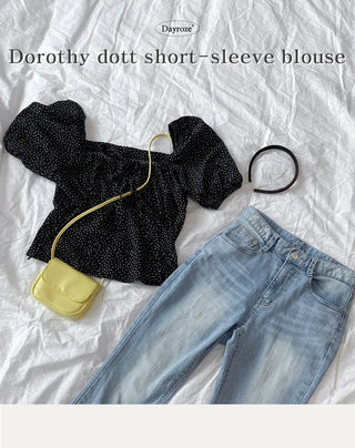 Square neck polka dot short-sleeved blouse