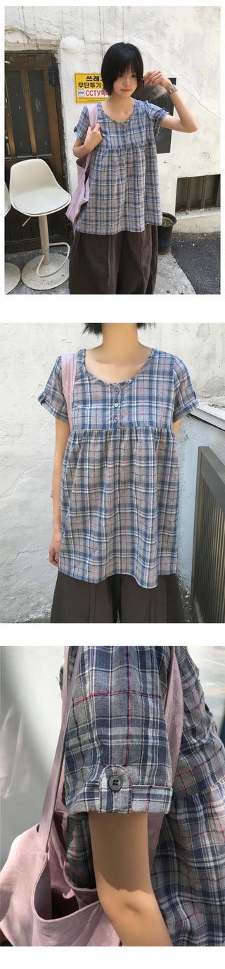 [3 colors] Check Roll-Up Dress