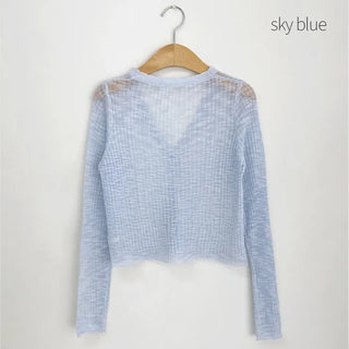 Cropped sheer ribbed V-neck cardigan