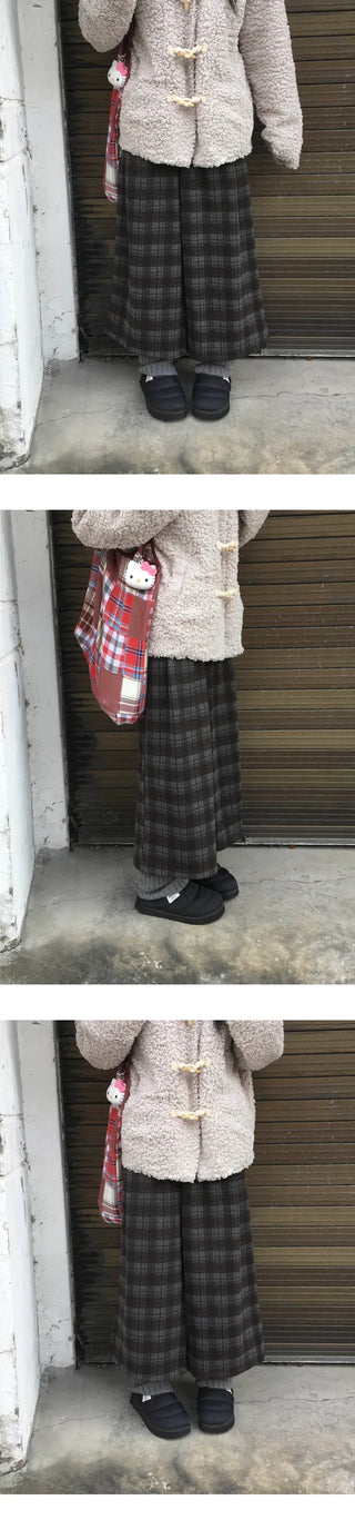 (2 colors) Fleece-lined check pattern mid-length pants
