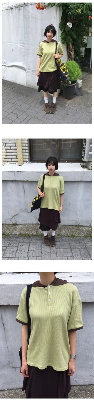[4 colors] Waffle Henley Neck Short-Sleeve Hoodie