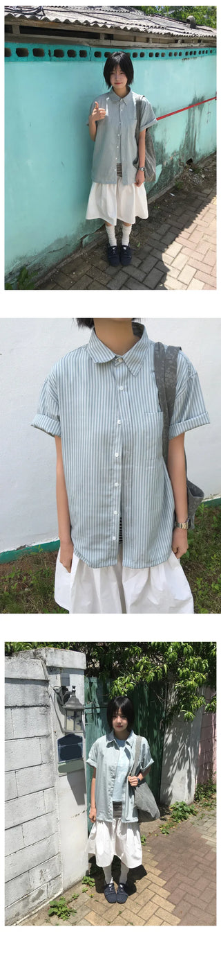 [3 colors] Striped short-sleeved shirt