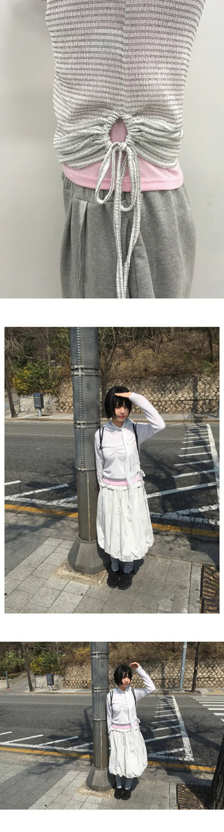 (3 colors) Shirred slit hooded T-shirt