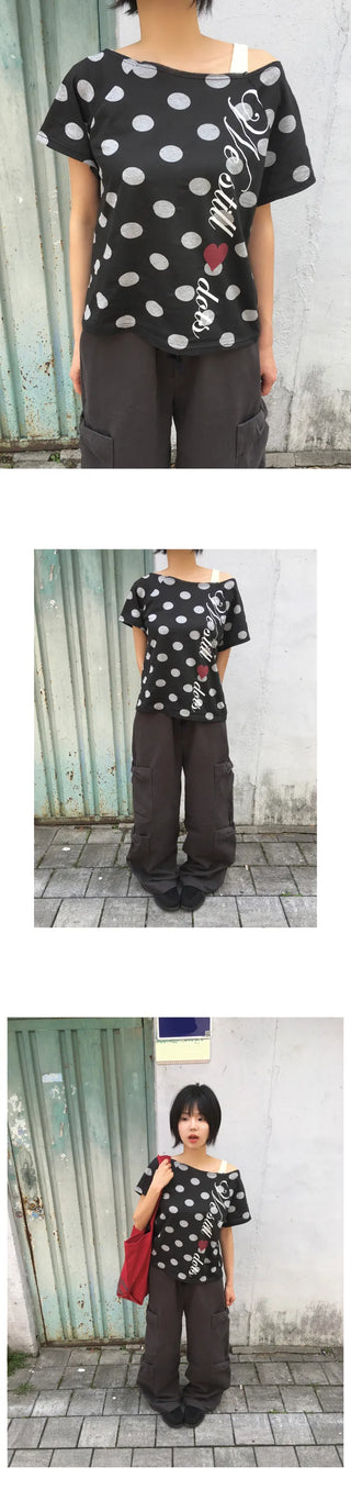 (4 colors) Polka Dot Off-Shoulder T-Shirt