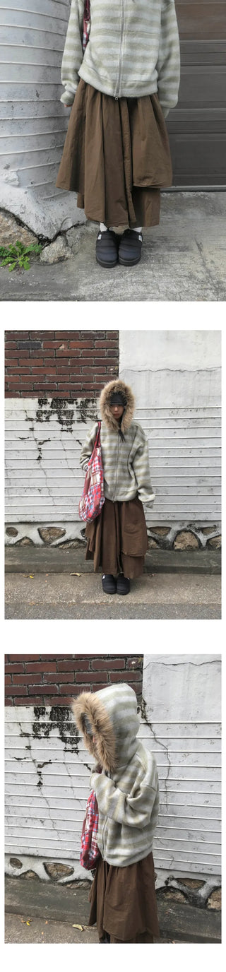 (3 colors) Striped Fur Hoodie