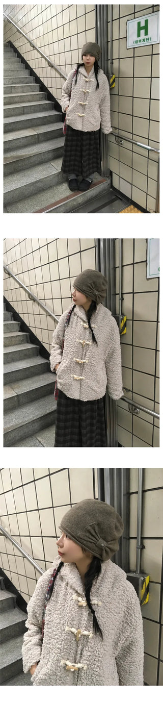 (2 colors) Fleece-lined check pattern mid-length pants