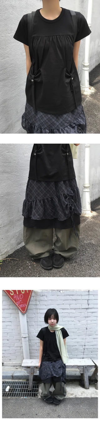 [2 colors] Shirred check skirt