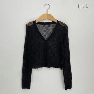 Cropped sheer ribbed V-neck cardigan
