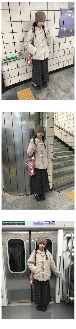(2 colors) Fleece-lined check pattern mid-length pants