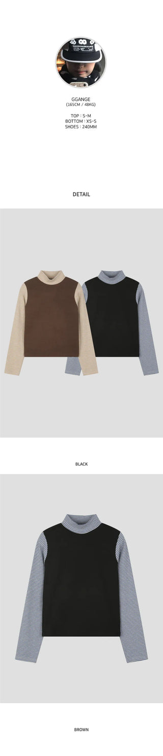(2 colors) Brushed back striped high-neck T-shirt