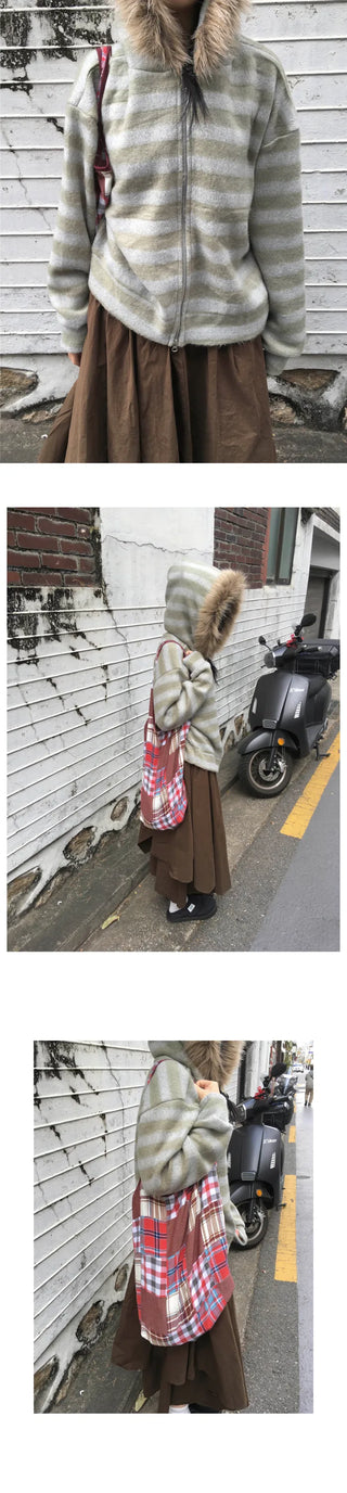 (3 colors) Striped Fur Hoodie