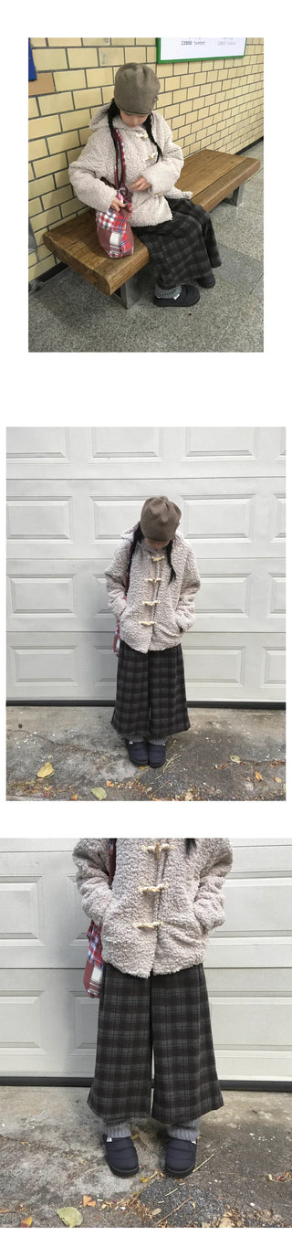 (2 colors) Fleece-lined check pattern mid-length pants
