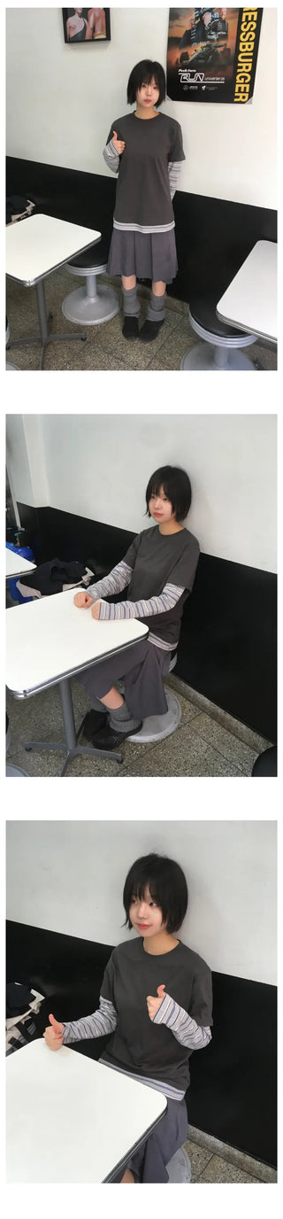 (2 colors) Striped Layered T-shirt