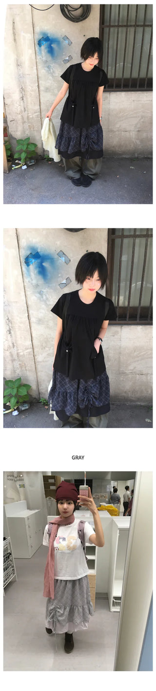 [2 colors] Shirred check skirt