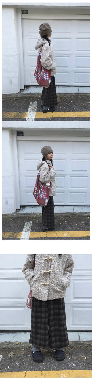 (2 colors) Fleece-lined check pattern mid-length pants