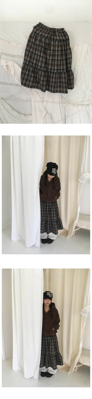 (2 colors) Fleece-lined check skirt