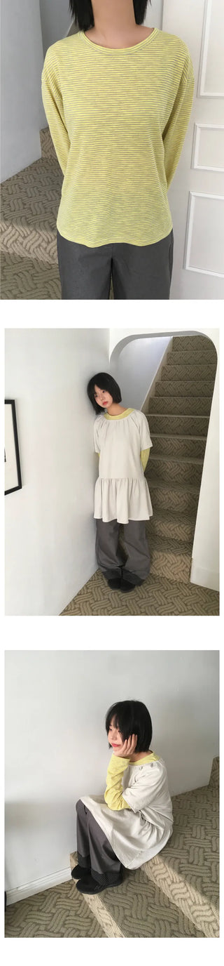 (4 colors) Cropped striped T-shirt