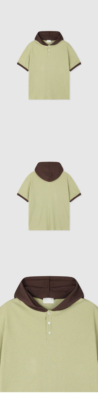 [4 colors] Waffle Henley Neck Short-Sleeve Hoodie