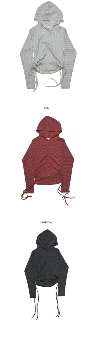 (3 colors) Shirred slit hooded T-shirt