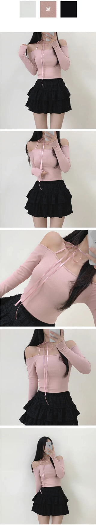 Off-shoulder ribbon slim long-sleeve T-shirt