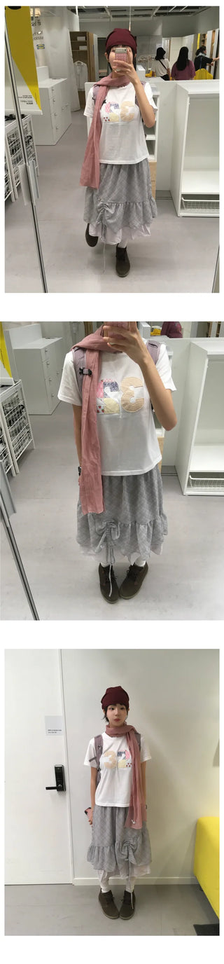 [2 colors] Shirred check skirt