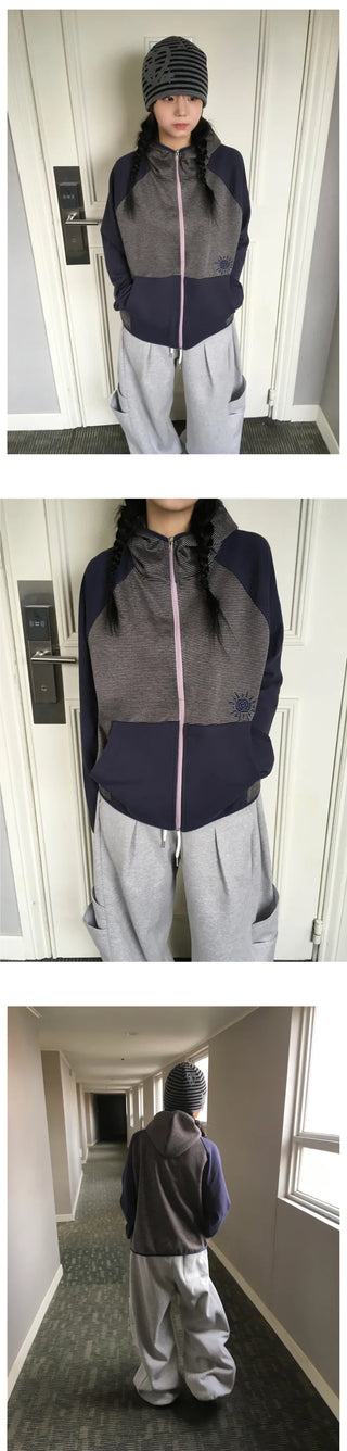 (4 colors) Striped zip-up hoodie