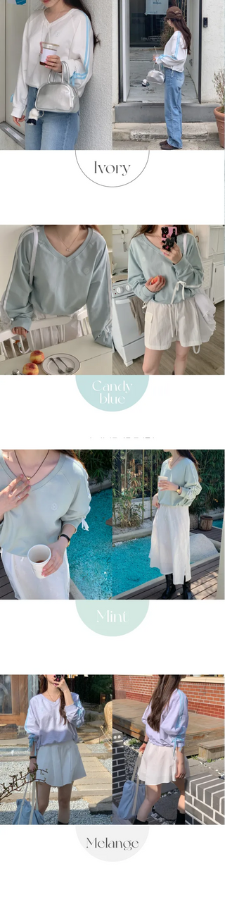 Loose-fitting stitched ribbon V-neck sweatshirt (4c)