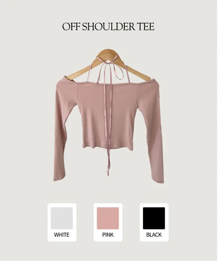 Off-shoulder ribbon slim long-sleeve T-shirt
