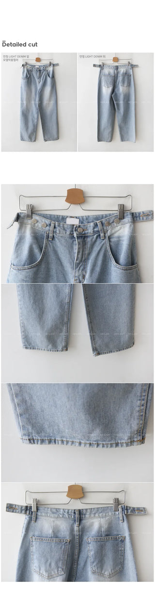 Wide side buckle denim pants