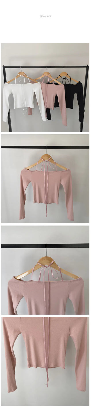 Off-shoulder ribbon slim long-sleeve T-shirt