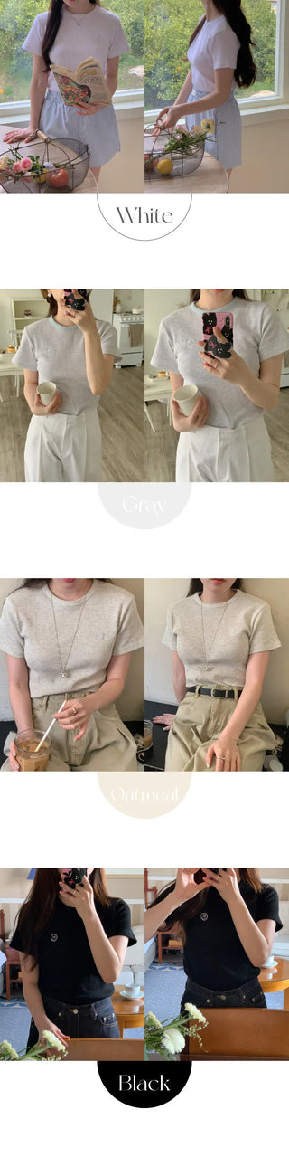 Plain waffle knit short-sleeved T-shirt (4c)