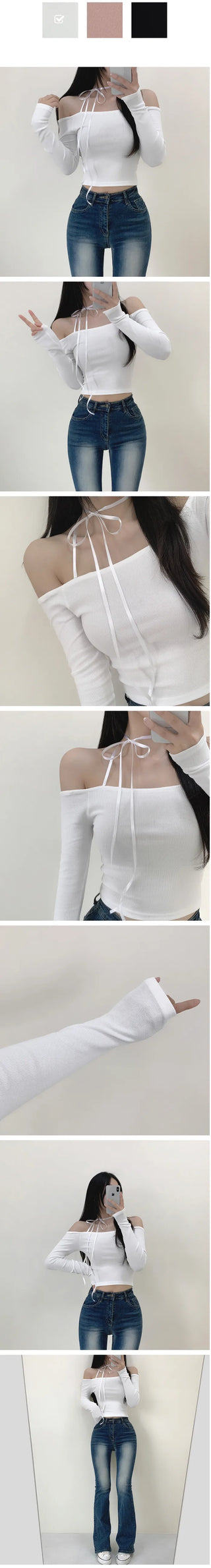 Off-shoulder ribbon slim long-sleeve T-shirt