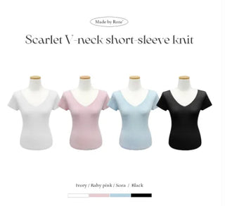 [4 colors] Scarlet Ribbed V-Neck Short-Sleeve Knit
