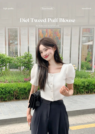 Short-sleeved tweed jacket blouse (2 colors)