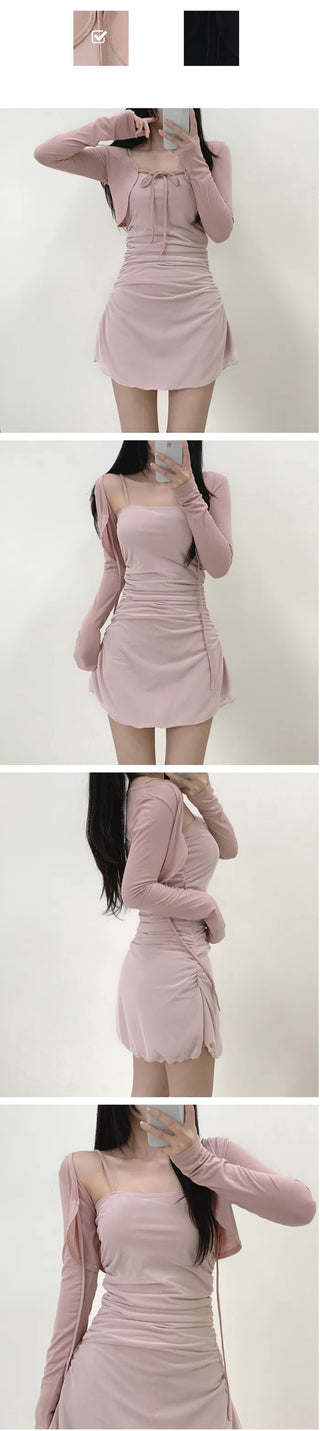 [SET] Sleeveless Shirred Dress + Cardigan Set