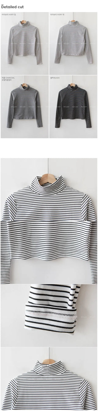 [Fleece-lined] Striped turtleneck long-sleeve T-shirt