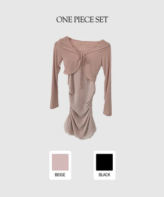 [SET] Sleeveless Shirred Dress + Cardigan Set