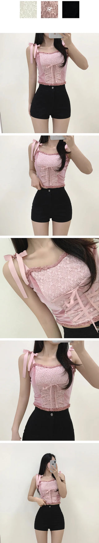 Lace ribbon tie top sleeveless