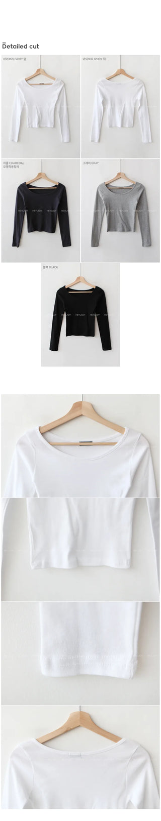 Cotton U-neck long-sleeved T-shirt