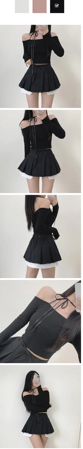 Off-shoulder ribbon slim long-sleeve T-shirt
