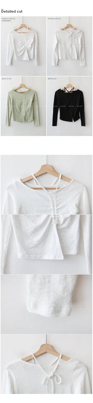 Shirred halter neck long-sleeved T-shirt