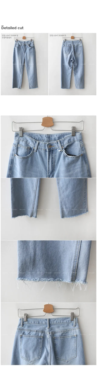 Wide-leg denim pants with cut hems