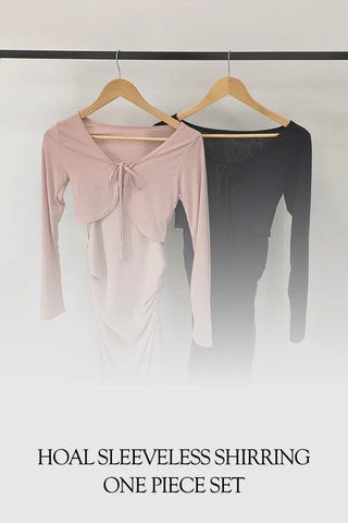 [SET] Sleeveless Shirred Dress + Cardigan Set